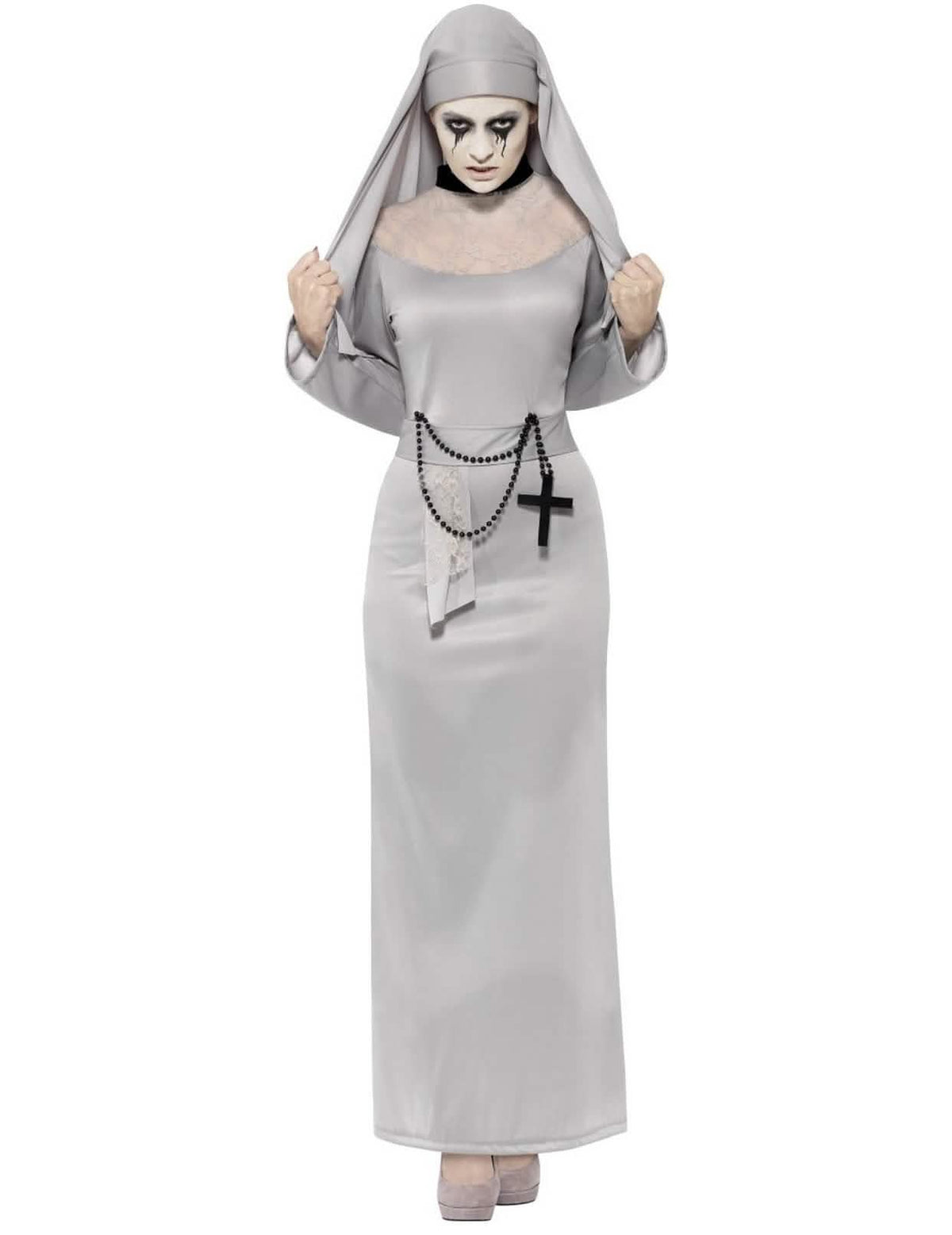 Fato de fantasma religiosa para mulher cinzento com véu