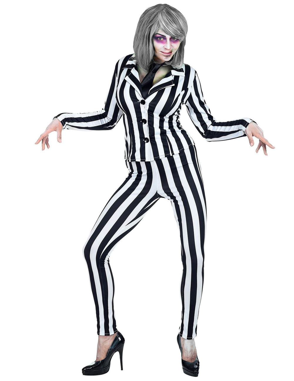 Fato de fantasma sórdido às riscas para mulher black and white com gravata