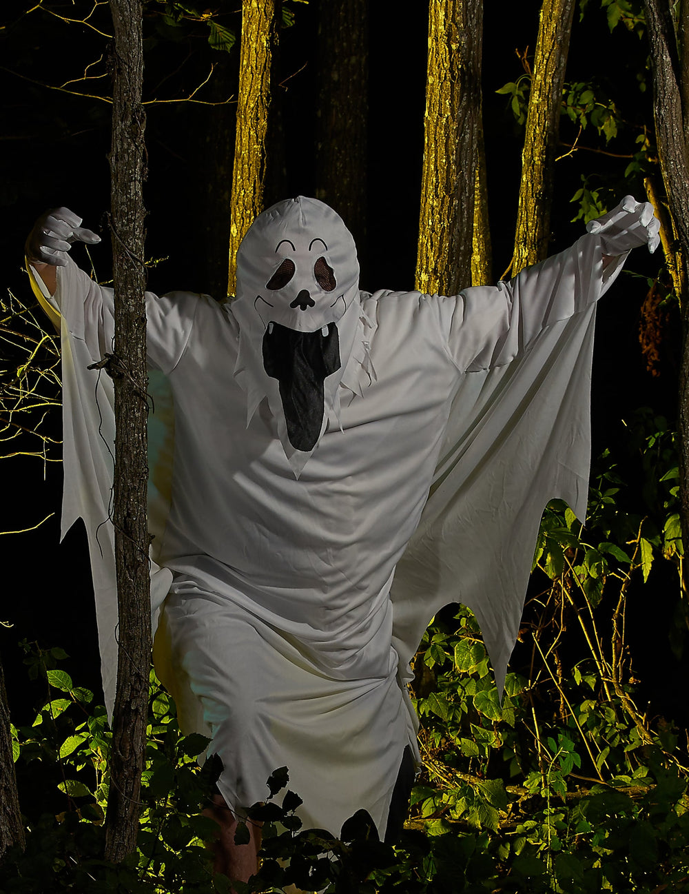 Mise en situation en forêt du déguisement de fantôme visage pour adulte