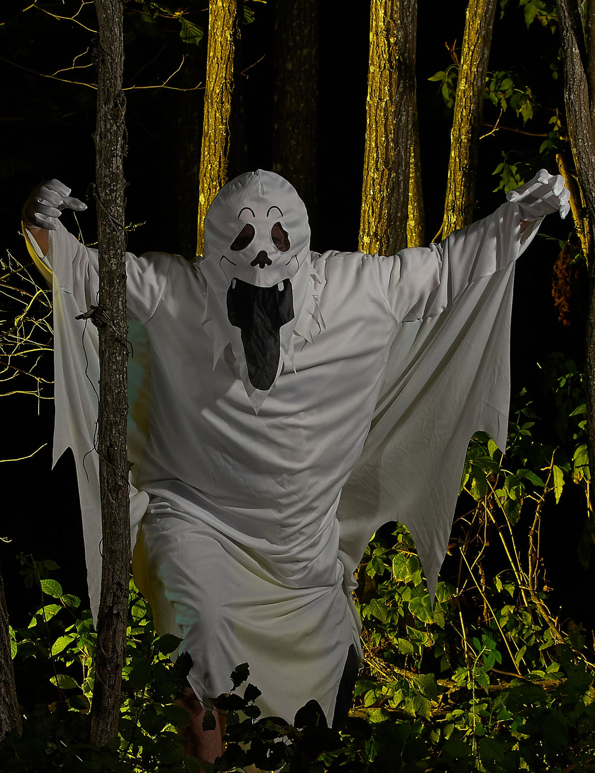 Mise en situation en forêt du déguisement de fantôme visage pour adulte