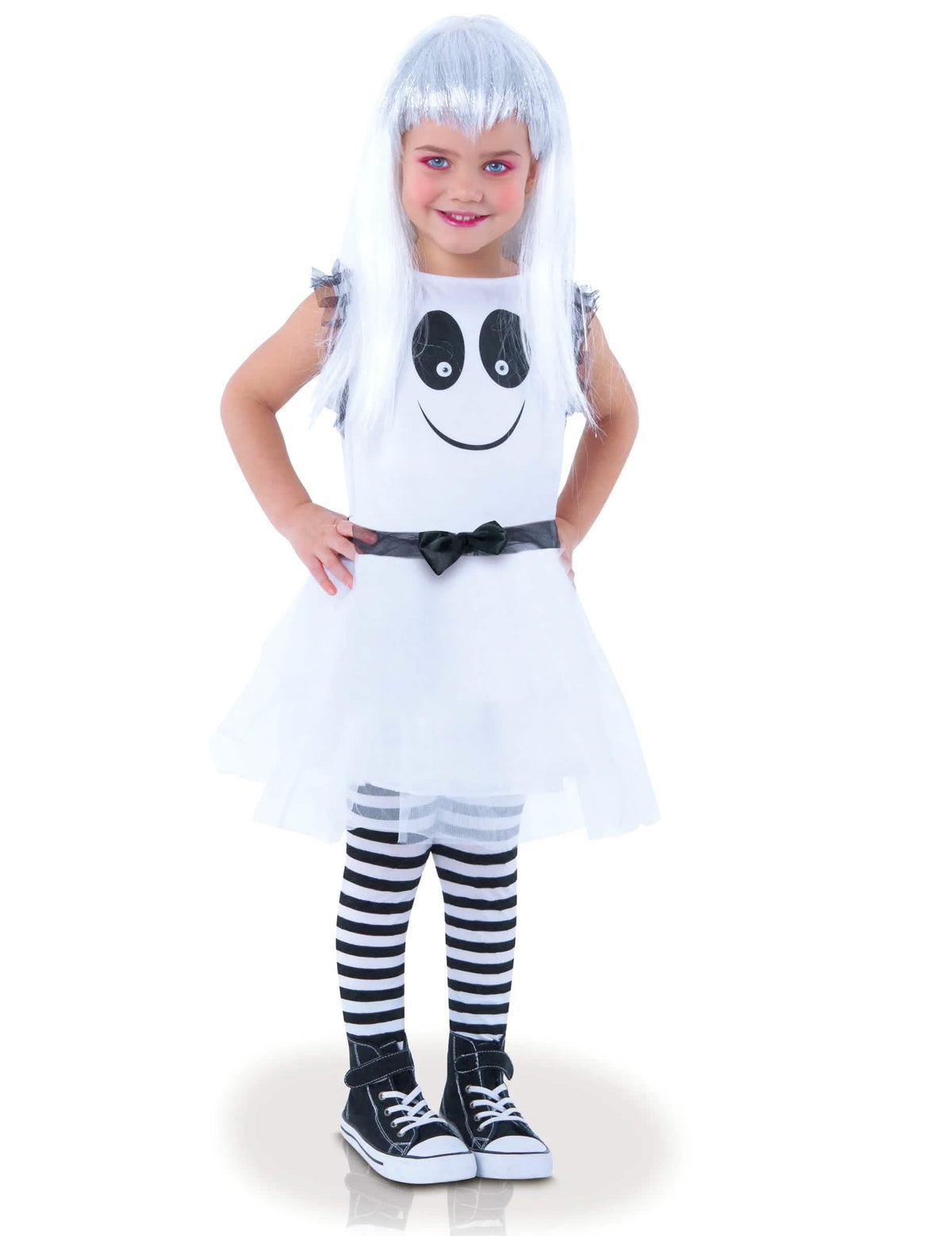 Fato de fantasminha com olhos móveis para menina branco e preto com collants às riscas