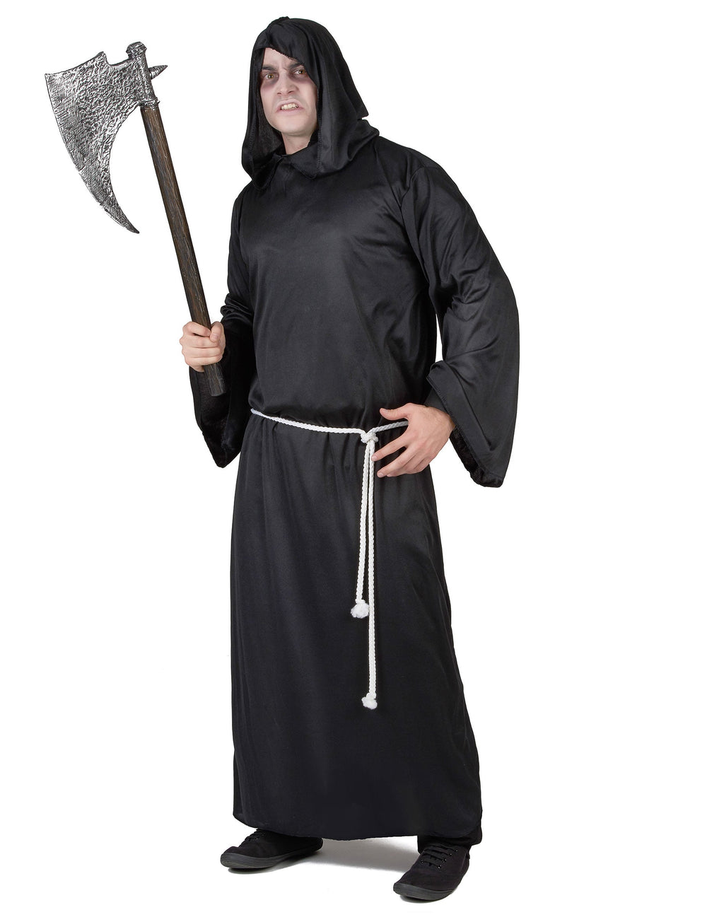 Déguisement de faucheur lugubre pour homme noir avec ceinture cordelette blanche