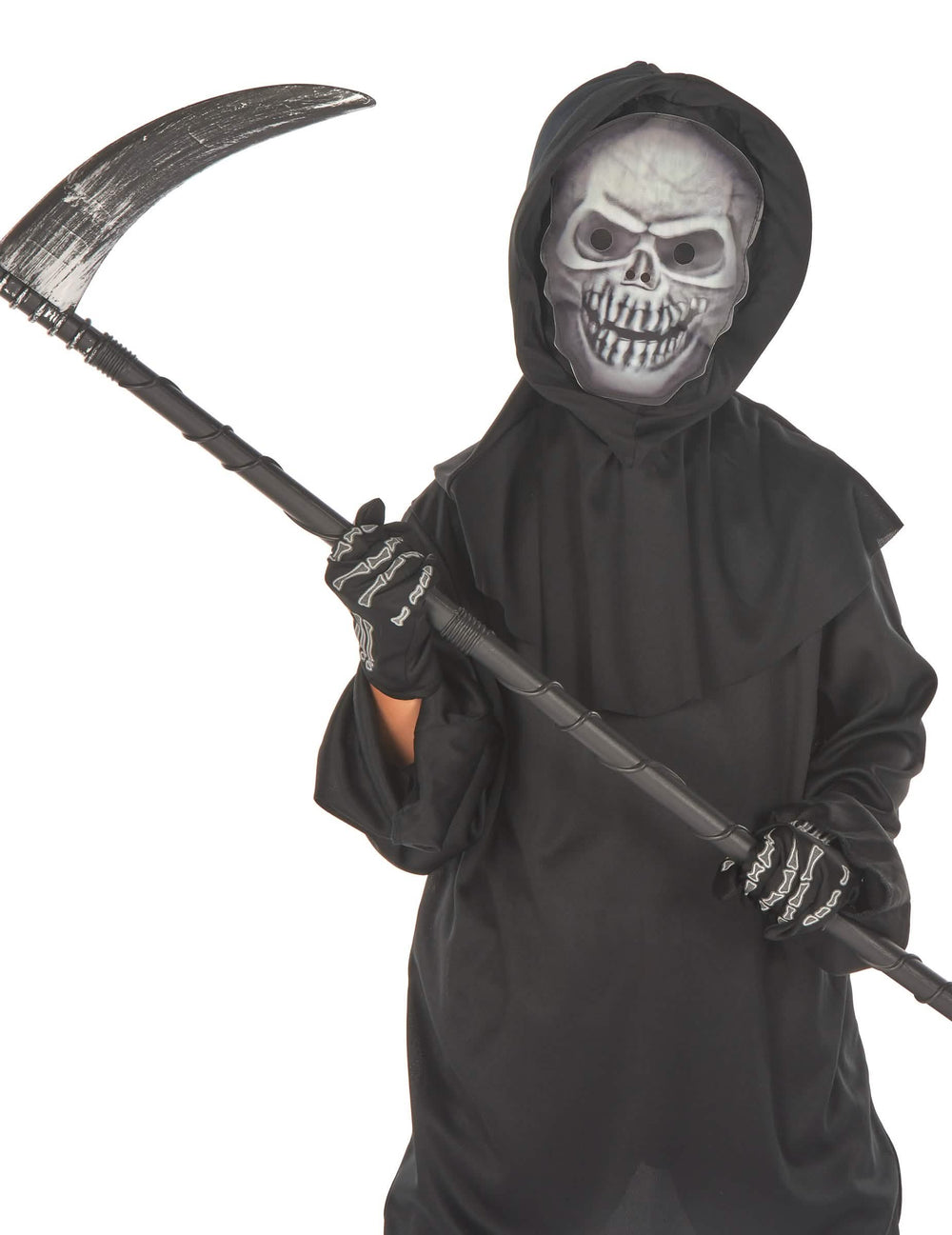 Grande plano da máscara e da foice do disfarce de ceifador sinistro
