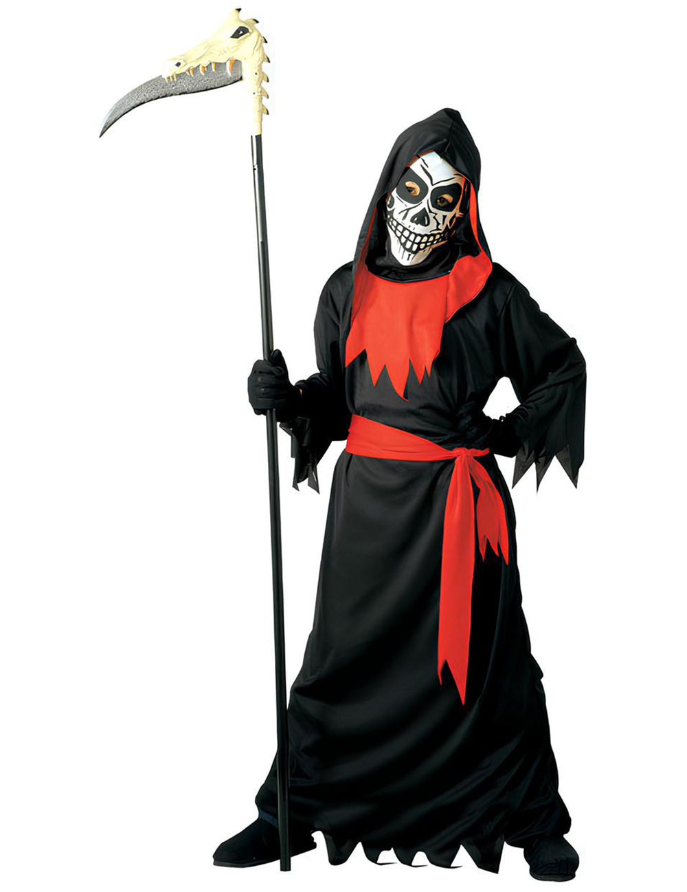Déguisement de faucheuse effrayante pour enfant noir et rouge avec masque de squelette