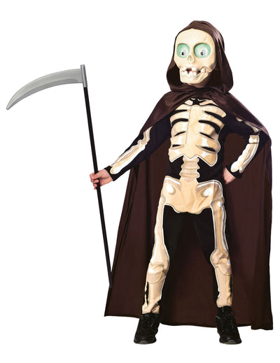 Déguisement de faucheuse pour garçon noir et beige avec cape marron et masque de squelette