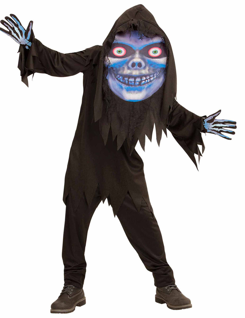 Déguisement faucheuse grosse tête pour adolescent noir avec masque bleu et gants squelette