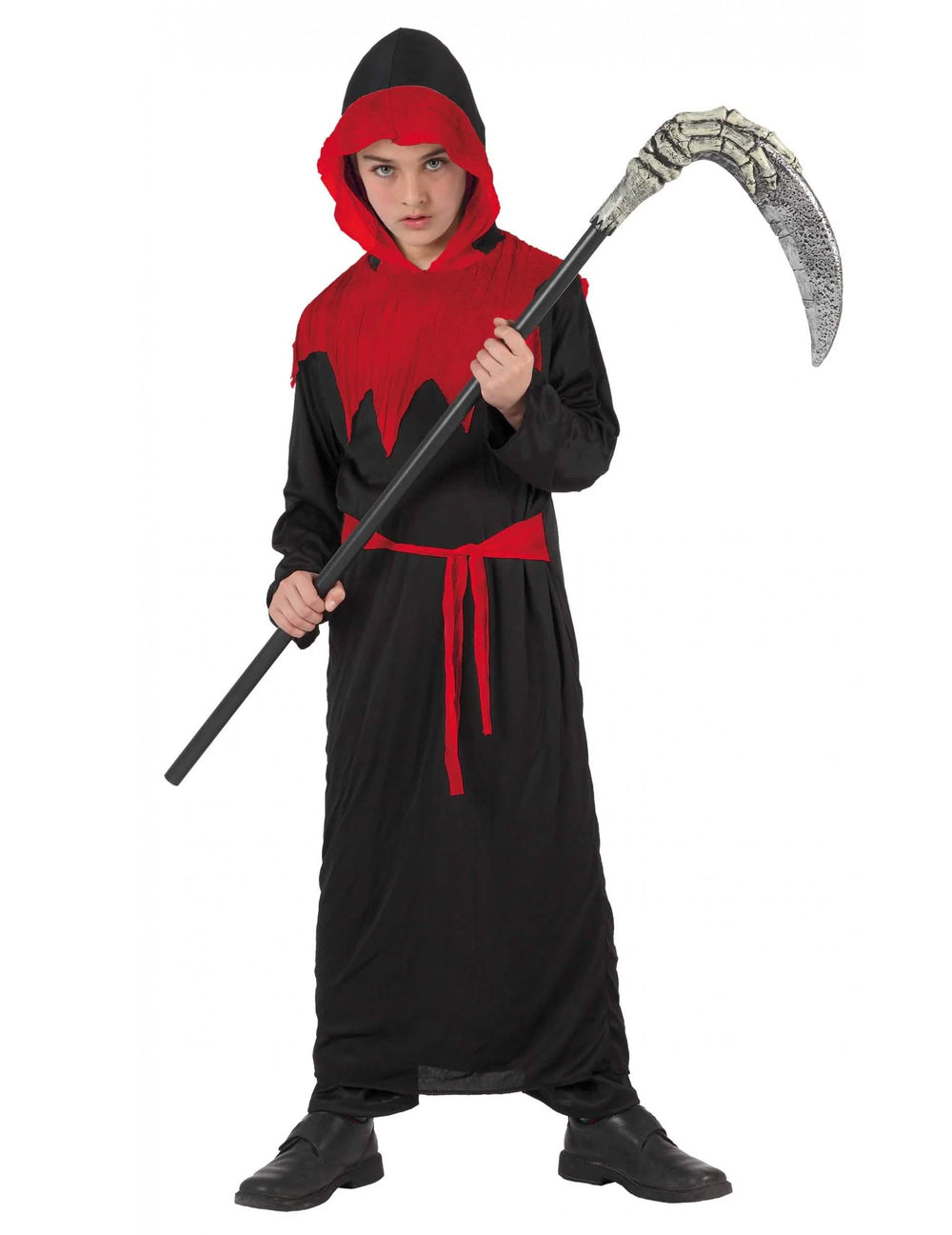 Fato de ceifeiro para criança preto e vermelho com capuz
