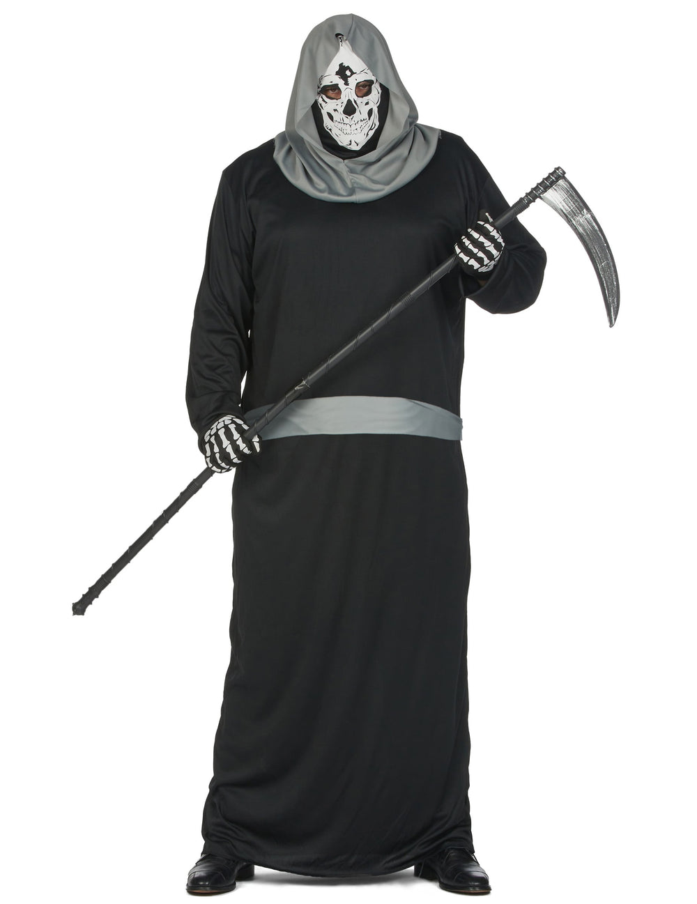 Déguisement de faucheuse terrifiante pour homme noir et gris avec masque de crâne et faux