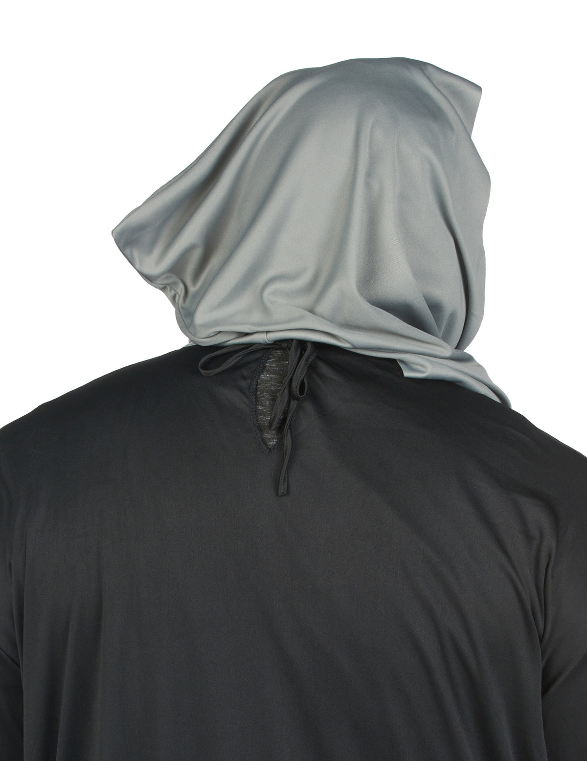 Vue de dos de la capuche et de l'attache du déguisement de faucheuse terrifiant