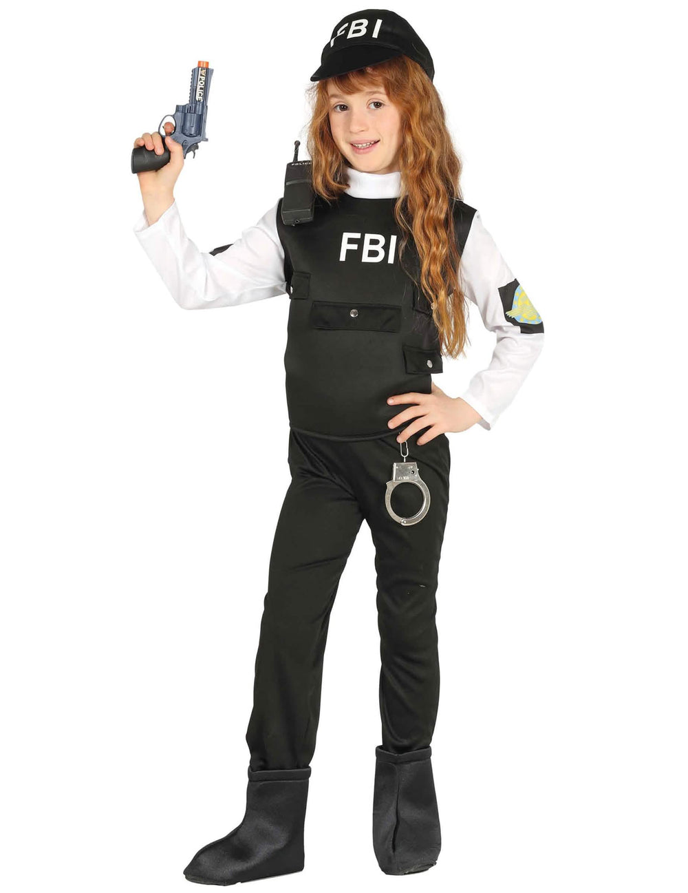 Vista geral com acessórios do fato de FBI para criança