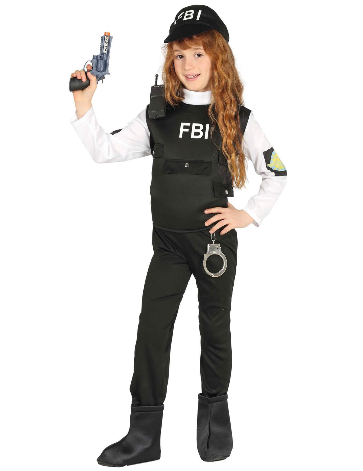 Vista geral com acessórios do fato de FBI para criança