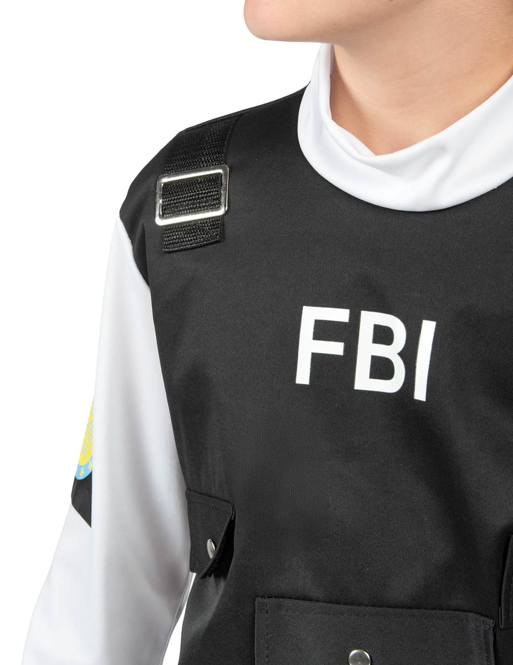 Detalhe da inscrição FBI no colete do disfarce FBI para criança