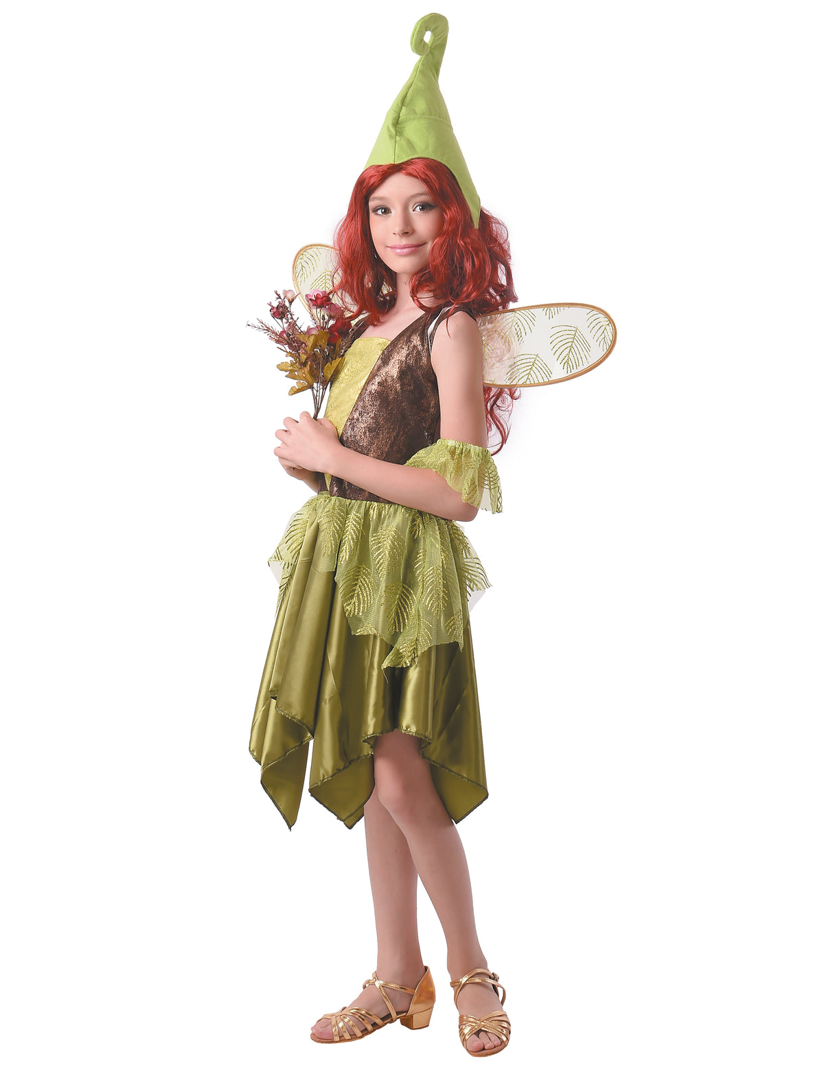 Déguisement de fée de la forêt pour fille vert et marron avec ailes et chapeau