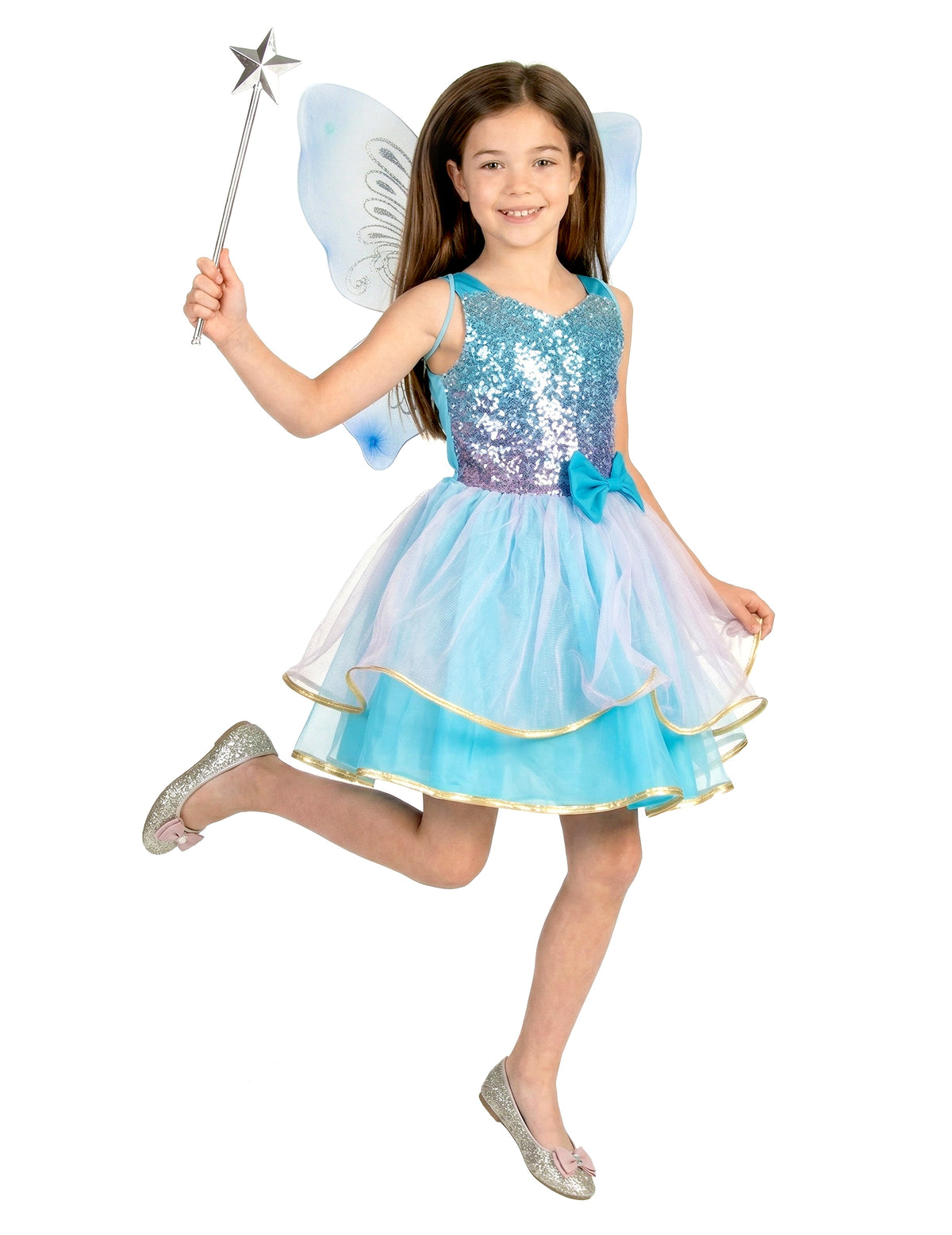Vue de face du déguisement de fée pour fille rose et bleu