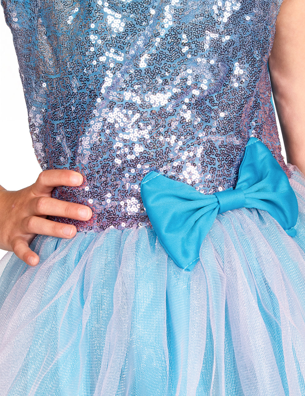 Détail du nœud bleu et du jupon en tulle du déguisement de fée pour fille