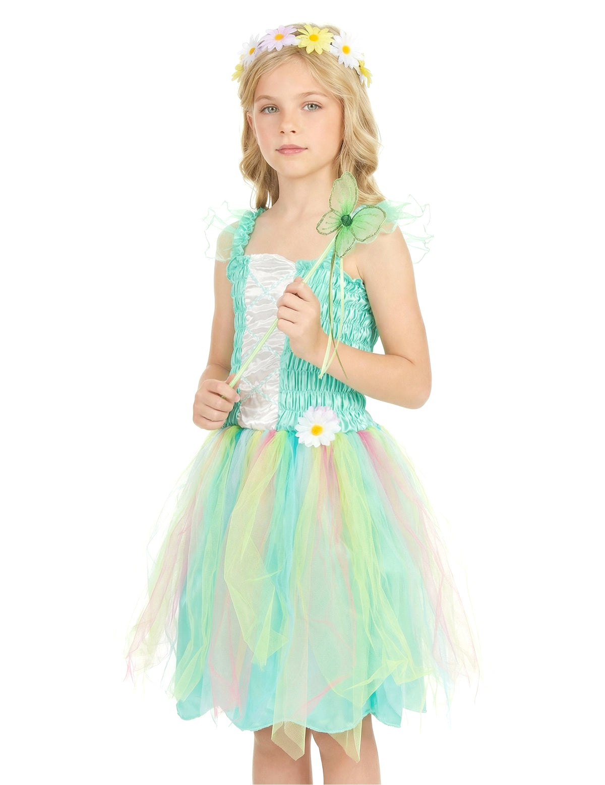 Vue rapprochée du buste et des accessoires du déguisement de fée pour fille