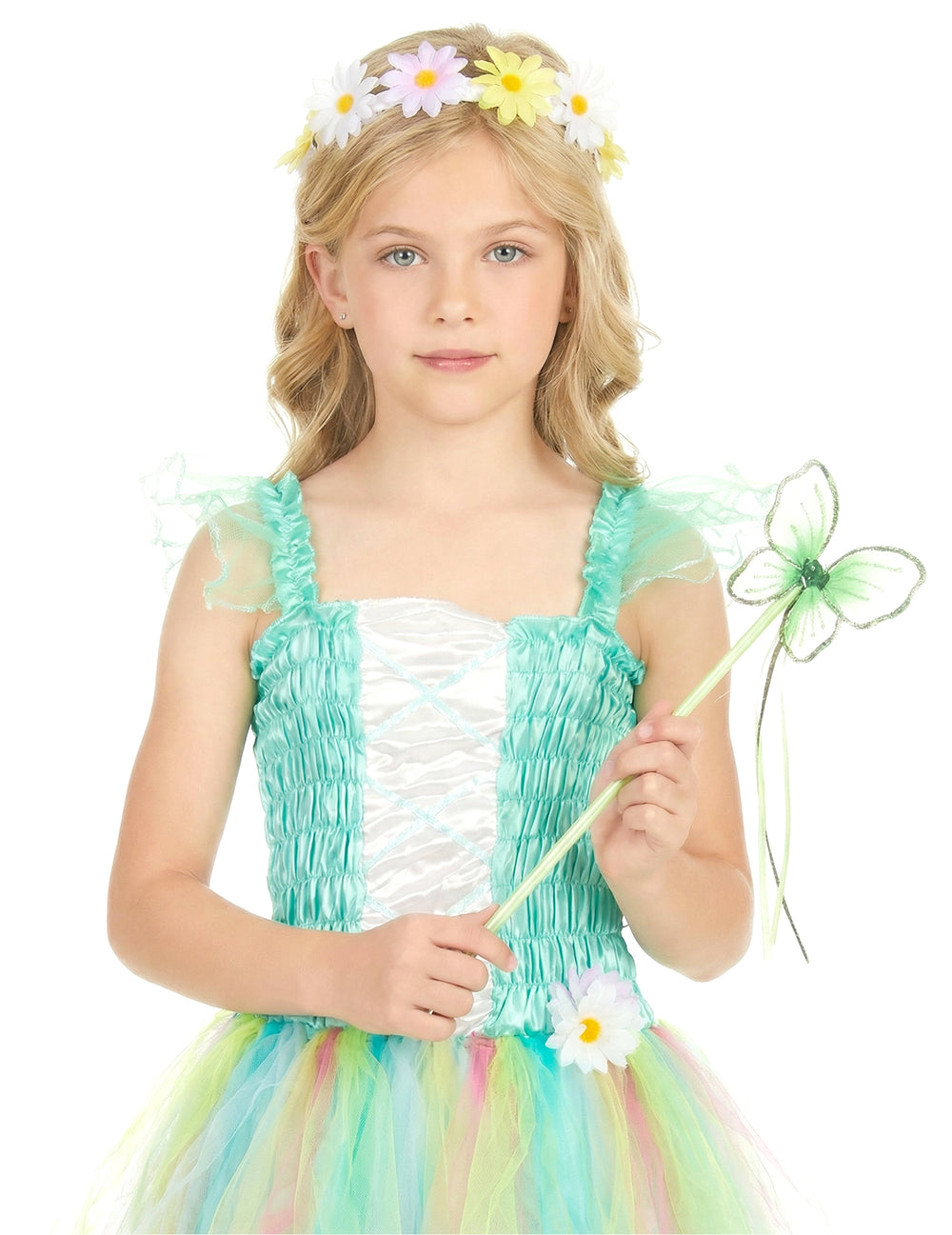 Déguisement de fée pour fille vert d'eau avec jupon en tulle multicolore