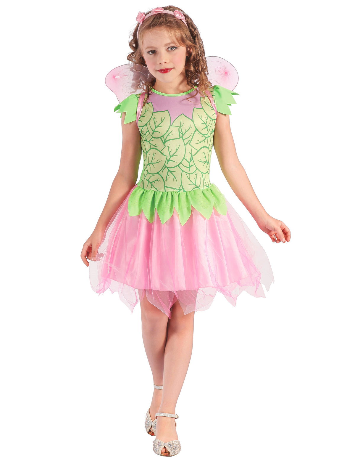 Déguisement de fée pour fille vert et rose avec ailes et serre-tête