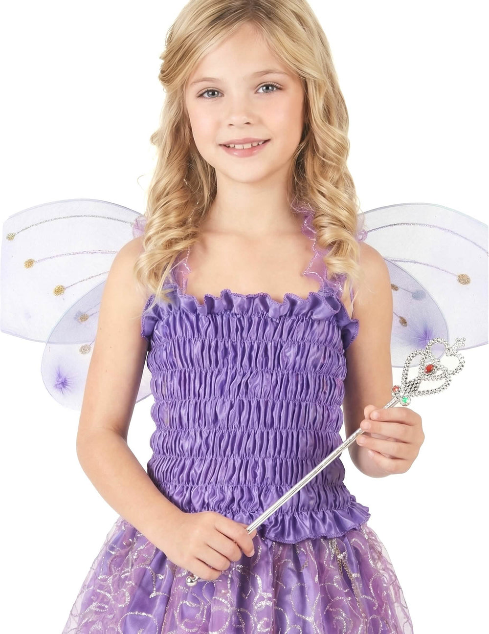 Gros plan sur le buste et la baguette du déguisement de fée violette pour fille