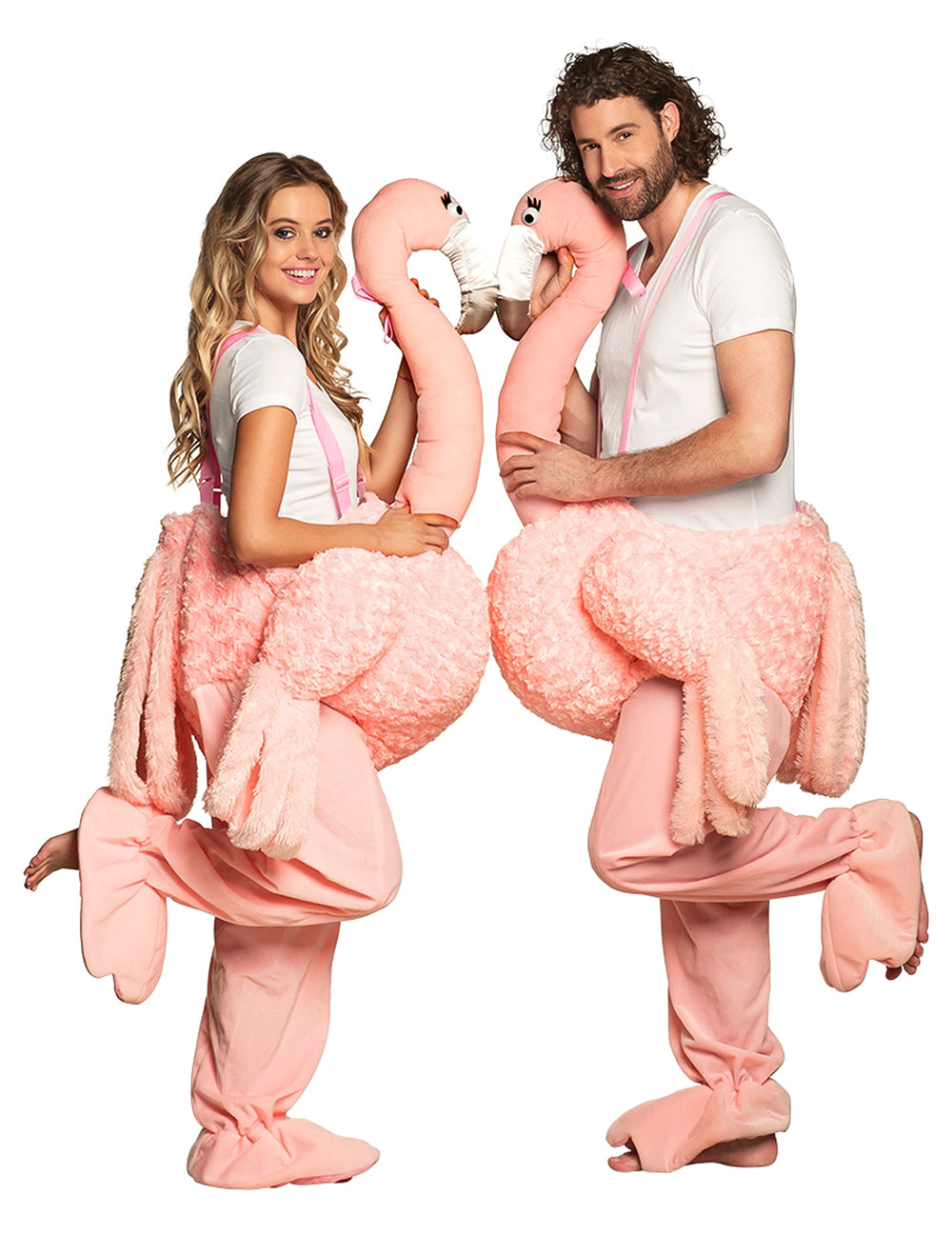 Vue de profil en duo du déguisement à dos de flamant rose