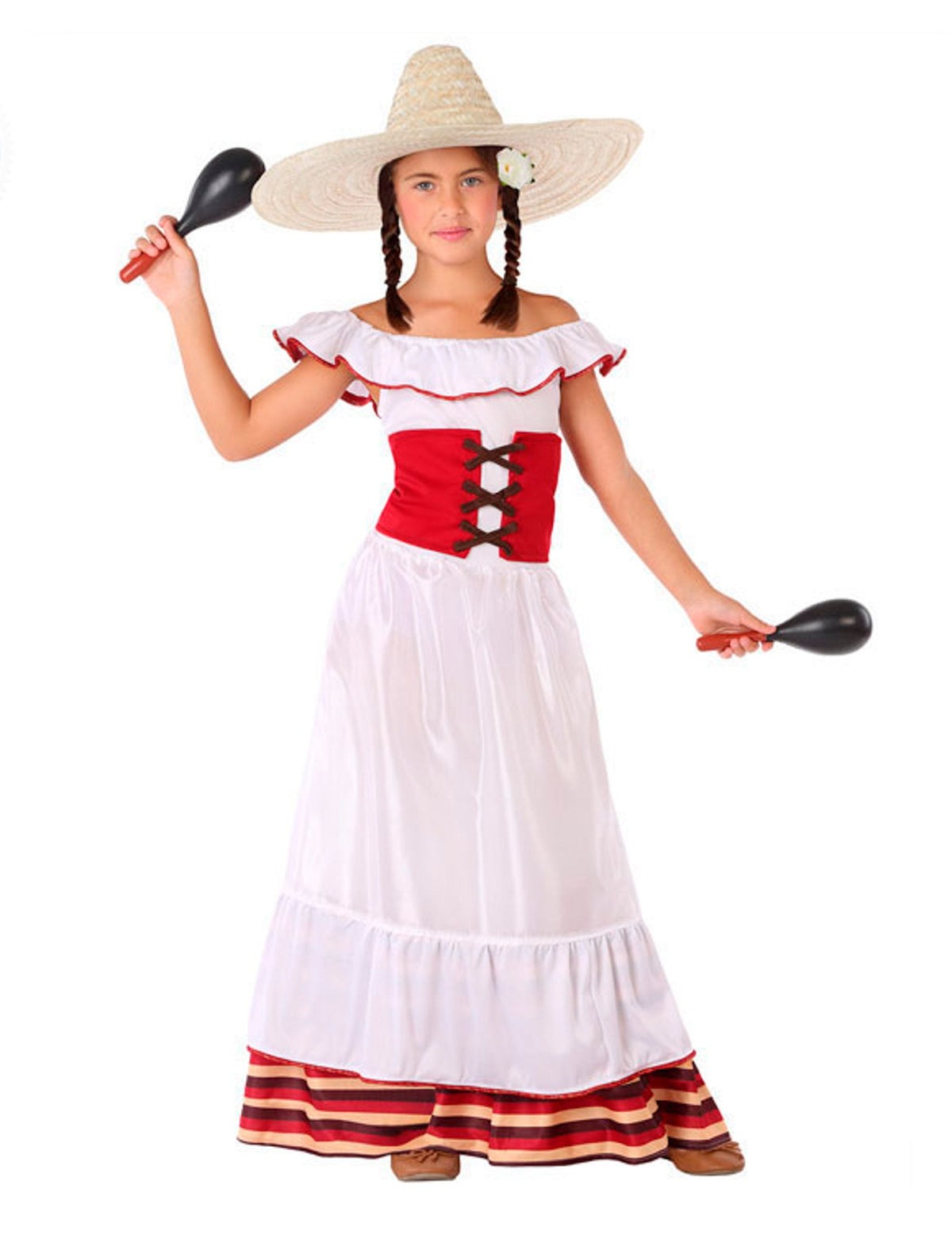 Déguisement de Mexicaine pour fille blanc et rouge avec sombrero
