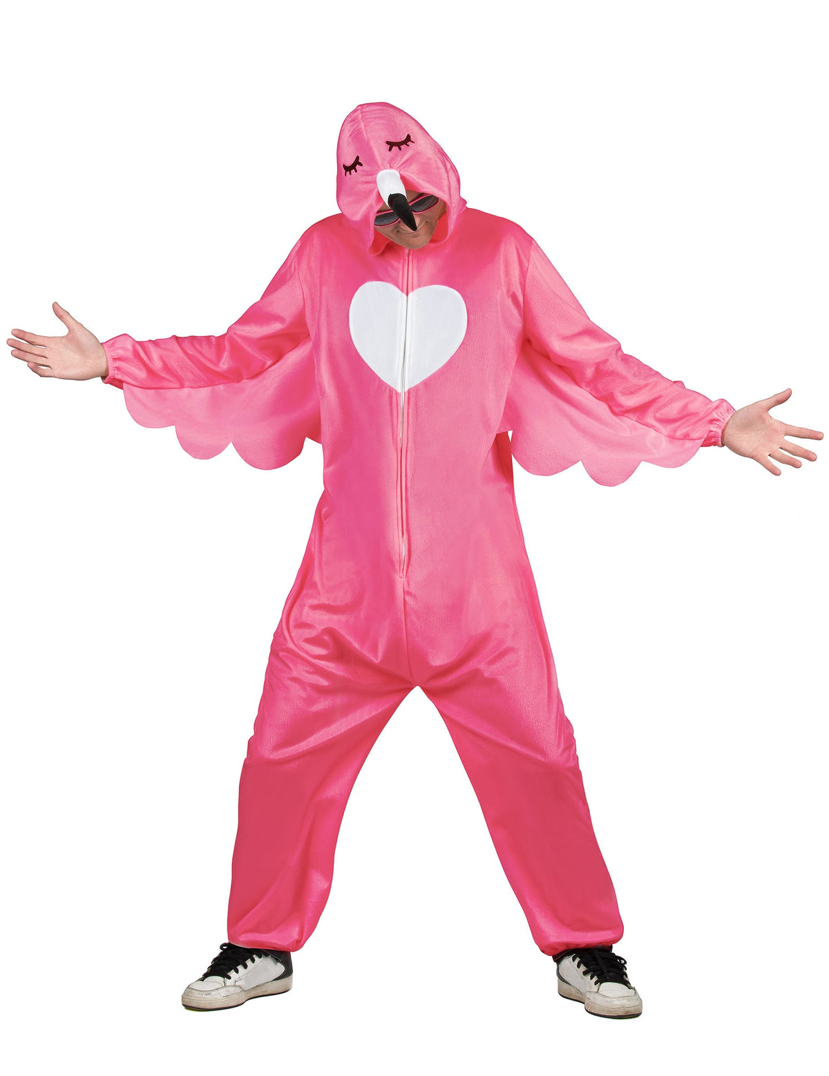 Déguisement flamant rose pour adulte rose avec cœur blanc et capuche