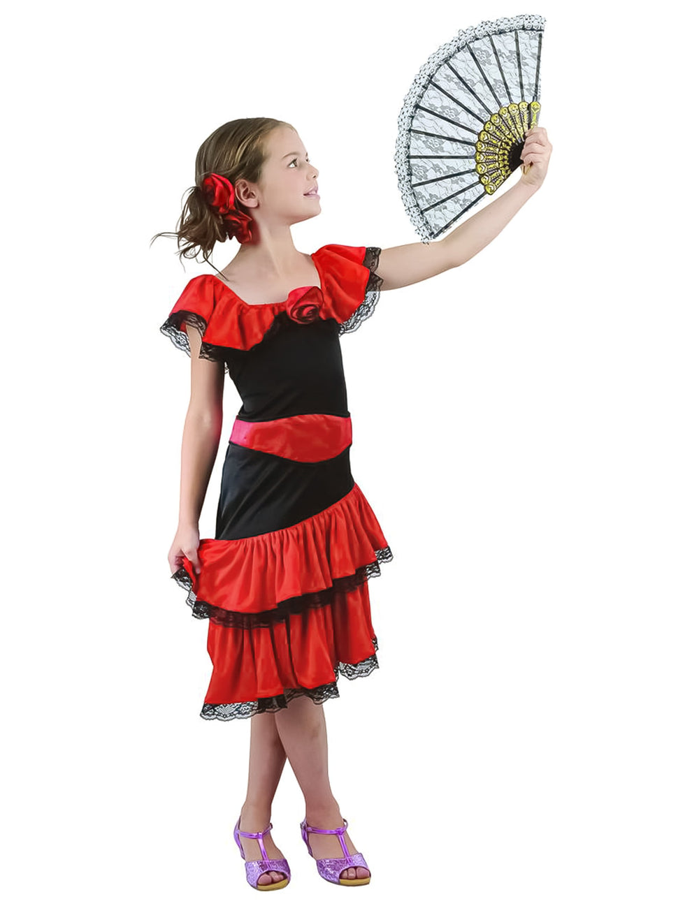 Déguisement flamenco pour fille rouge et noir avec dentelle et éventail