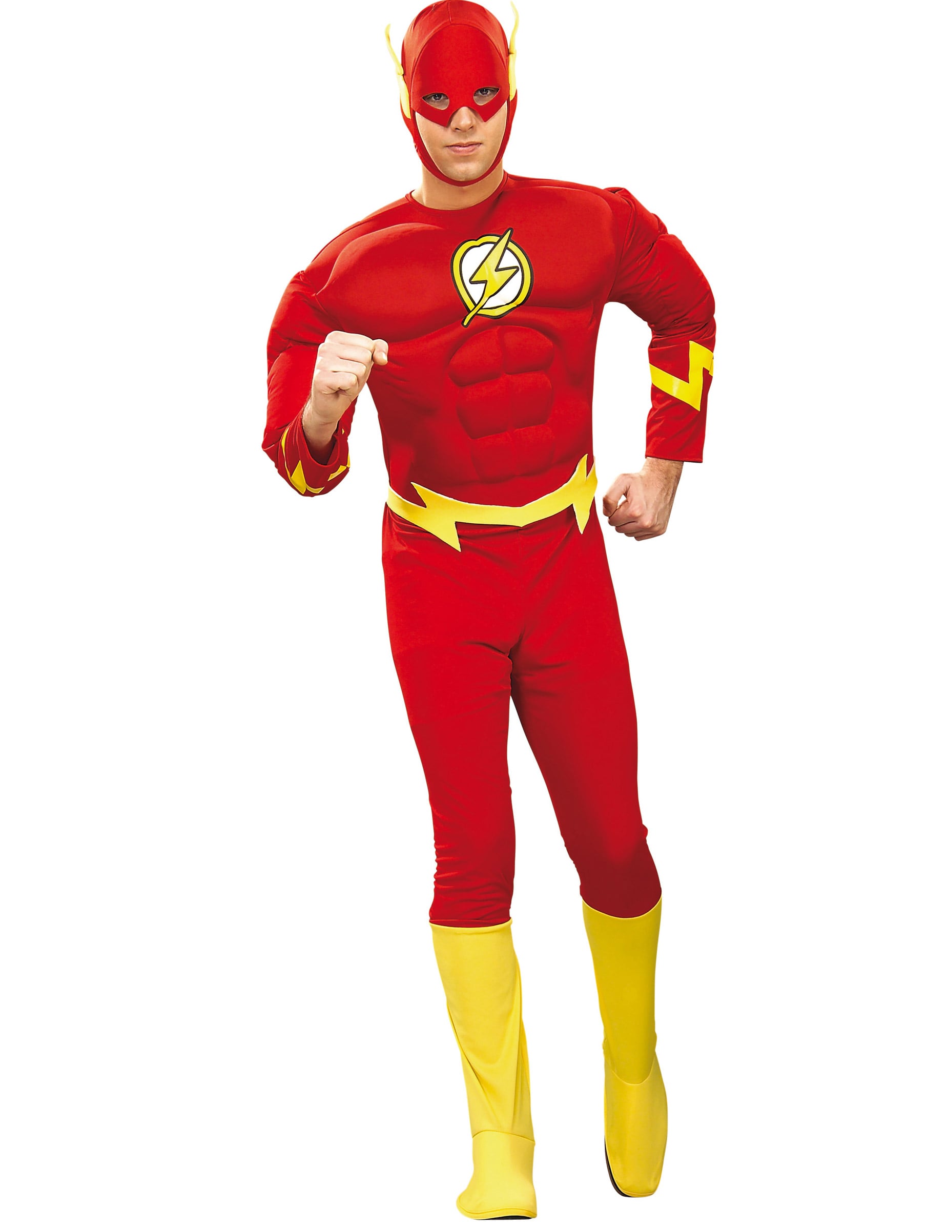 Déguisement luxe Flash pour homme rouge et jaune avec muscles rembourrés