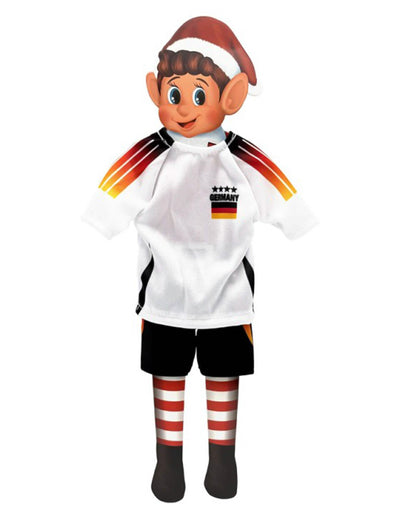 Disfarce de futebolista da equipa alemanha para boneca duende traquina branco e preto com bandeira