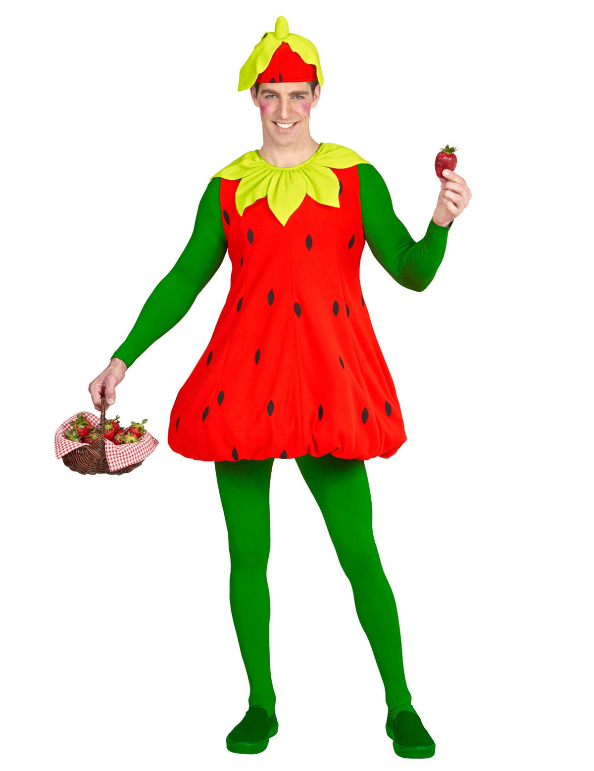 Vue de face du déguisement de fraise pour adulte