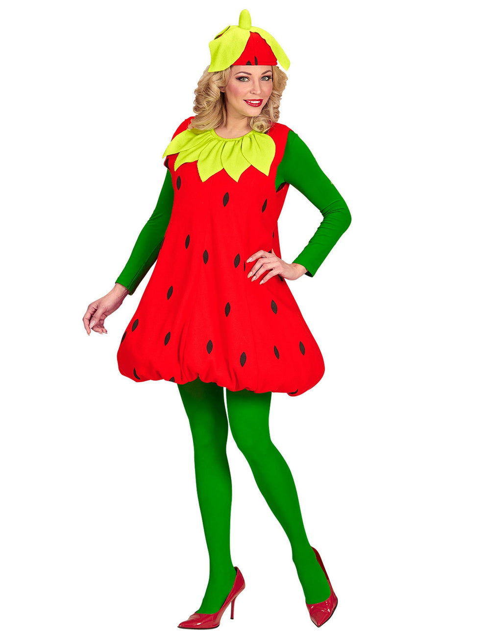 Déguisement de fraise pour adulte rouge et vert avec chapeau