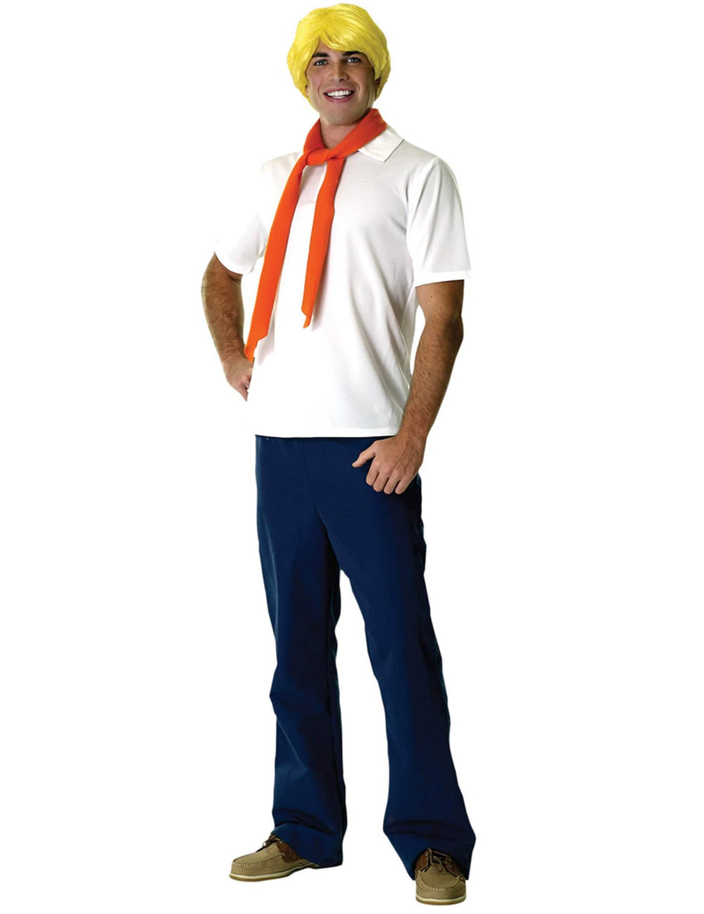 Fato de Fred Scooby Doo para homem branco e azul com lenço cor de laranja