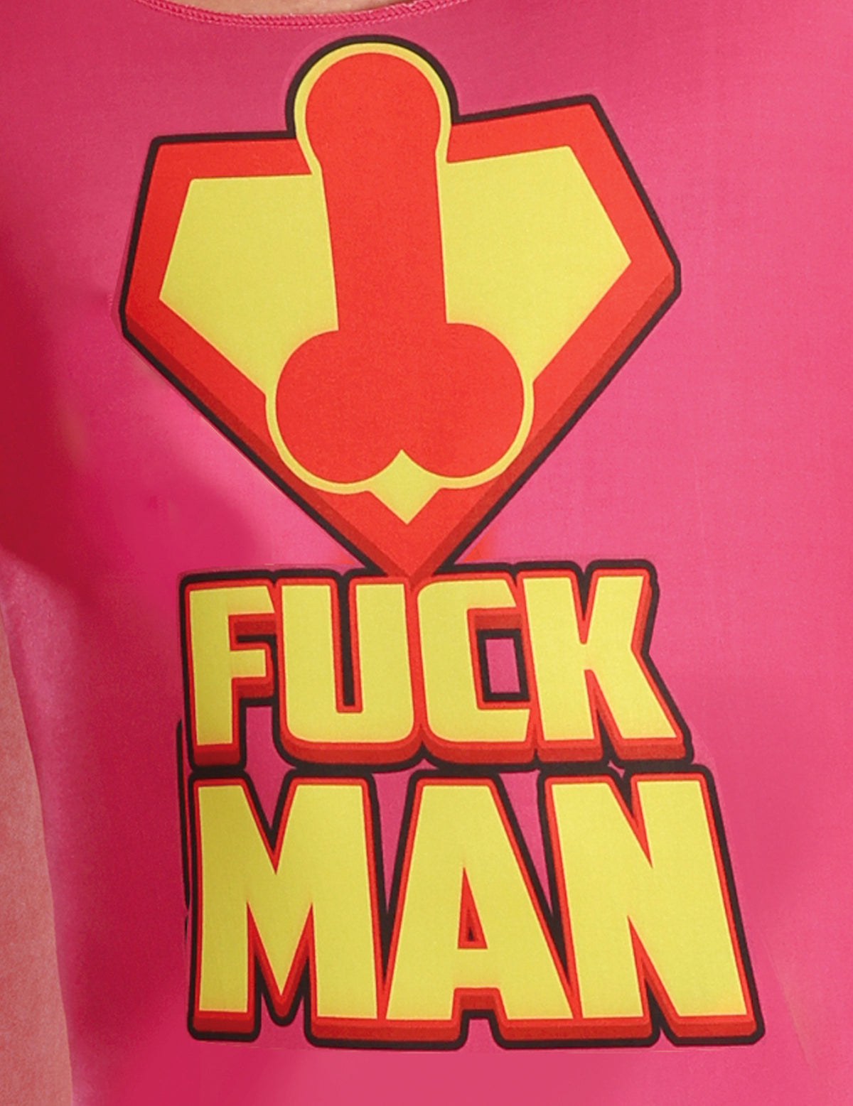 Gros plan sur le logo imprimé du déguisement Fuckman pour adulte