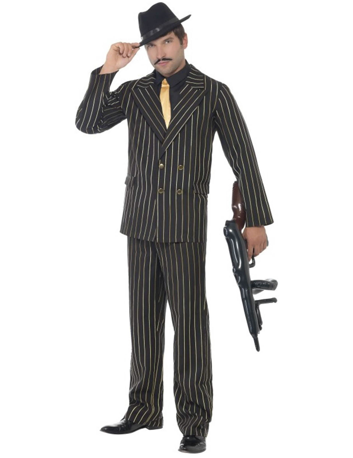 Fato de gangster charleston, anos 20 às riscas para homem preto e dourado com gravata