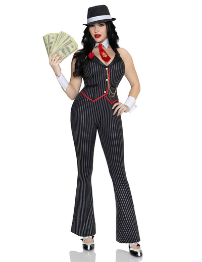 Disfarce de gangster sexy preto e dourado luxo para mulher