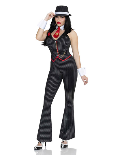 Disfarce de gangster sexy preto e dourado luxo para mulher