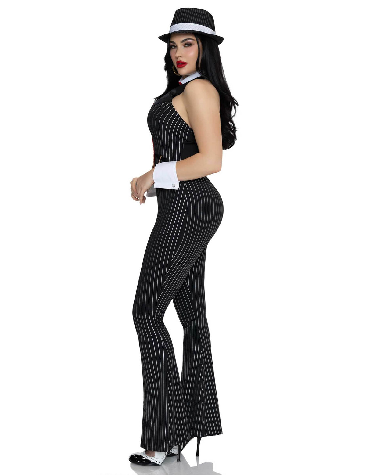 Disfarce de gangster sexy preto e dourado luxo para mulher