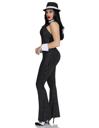 Disfarce de gangster sexy preto e dourado luxo para mulher