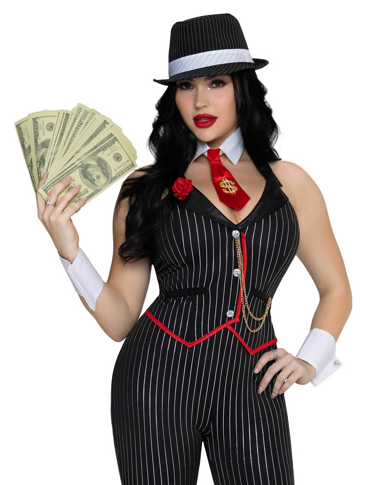 Disfarce de gangster sexy preto e dourado luxo para mulher
