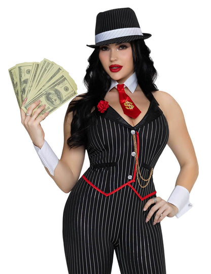 Disfarce de gangster sexy preto e dourado luxo para mulher