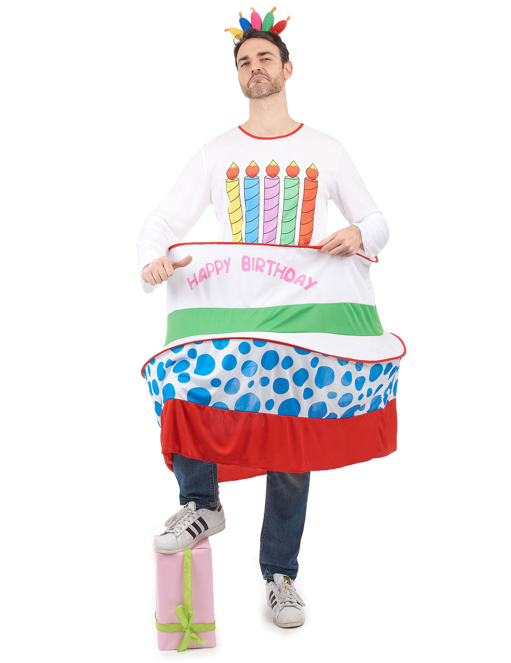 Déguisement gâteau d'anniversaire pour homme blanc et multicolore avec chapeau bougies