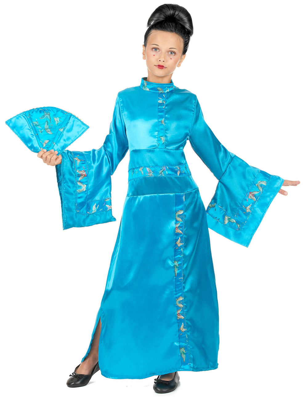 Déguisement de geisha pour fille bleu turquoise satiné avec éventail