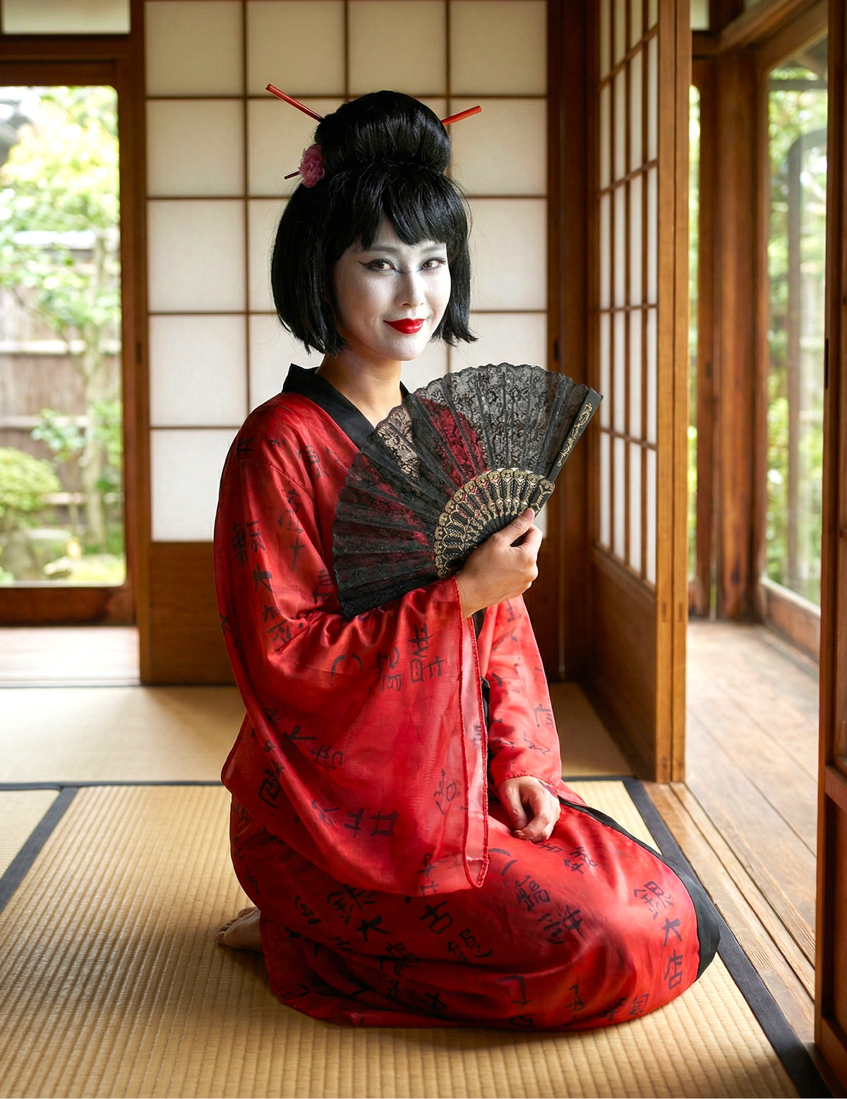 Vue de face agenouillée du déguisement kimono geisha
