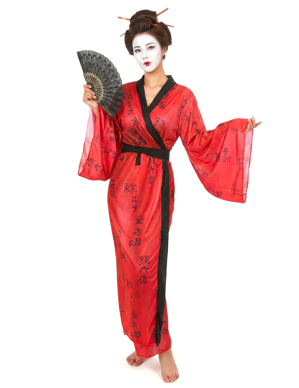Déguisement kimono geisha pour femme rouge à motifs noirs