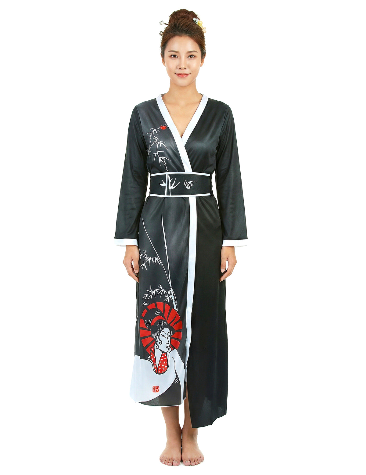 Vue de face du déguisement de geisha pour femme noir et blanc