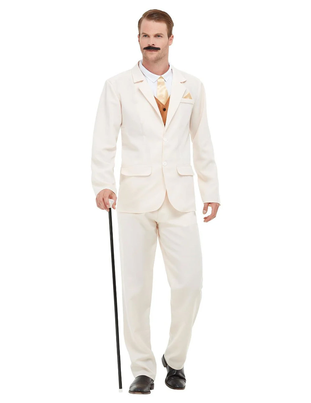 Déguisement gentleman des années 20 pour homme beige avec gilet et cravate dorés