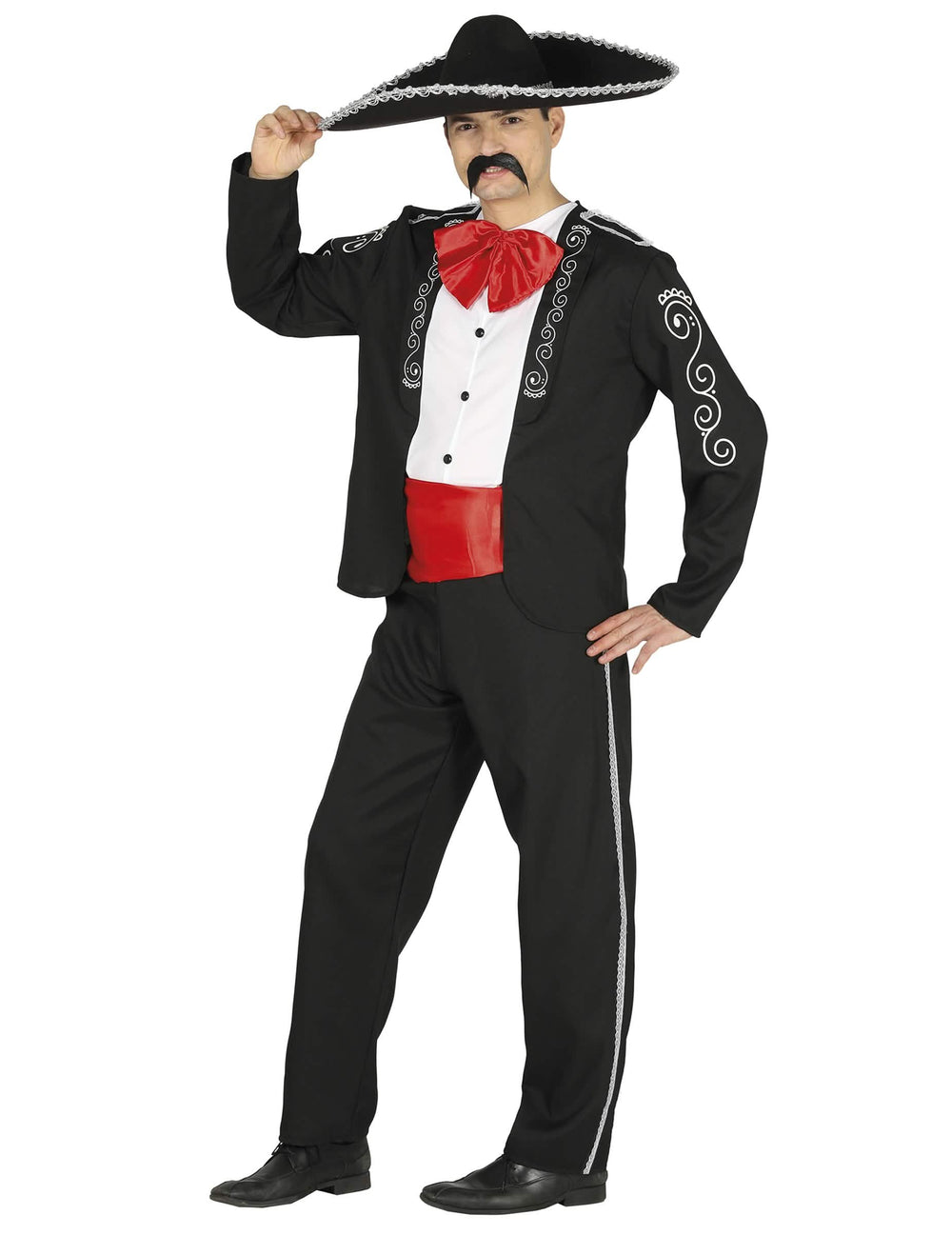 Fato de homem gentleman mexicano black and white com detalhes vermelhos e sombrero