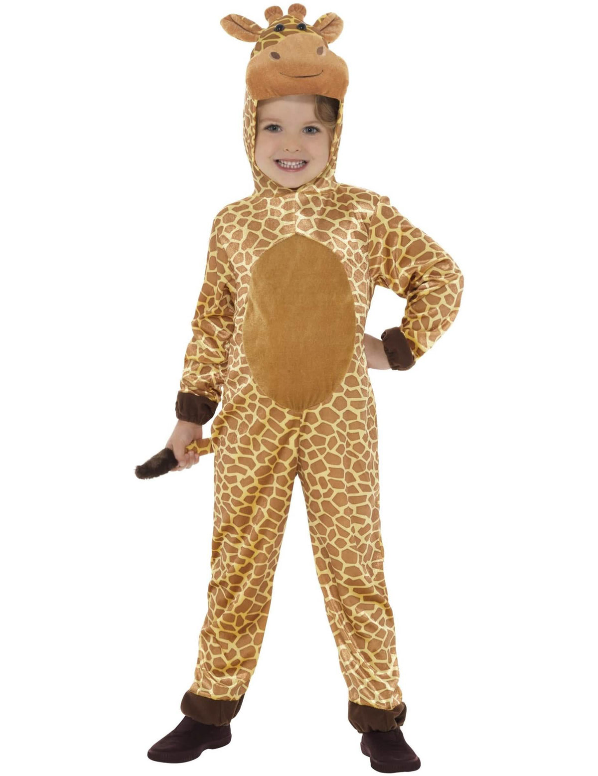 Fato de girafa para criança amarelo e castanho com capuz cabeça de girafa