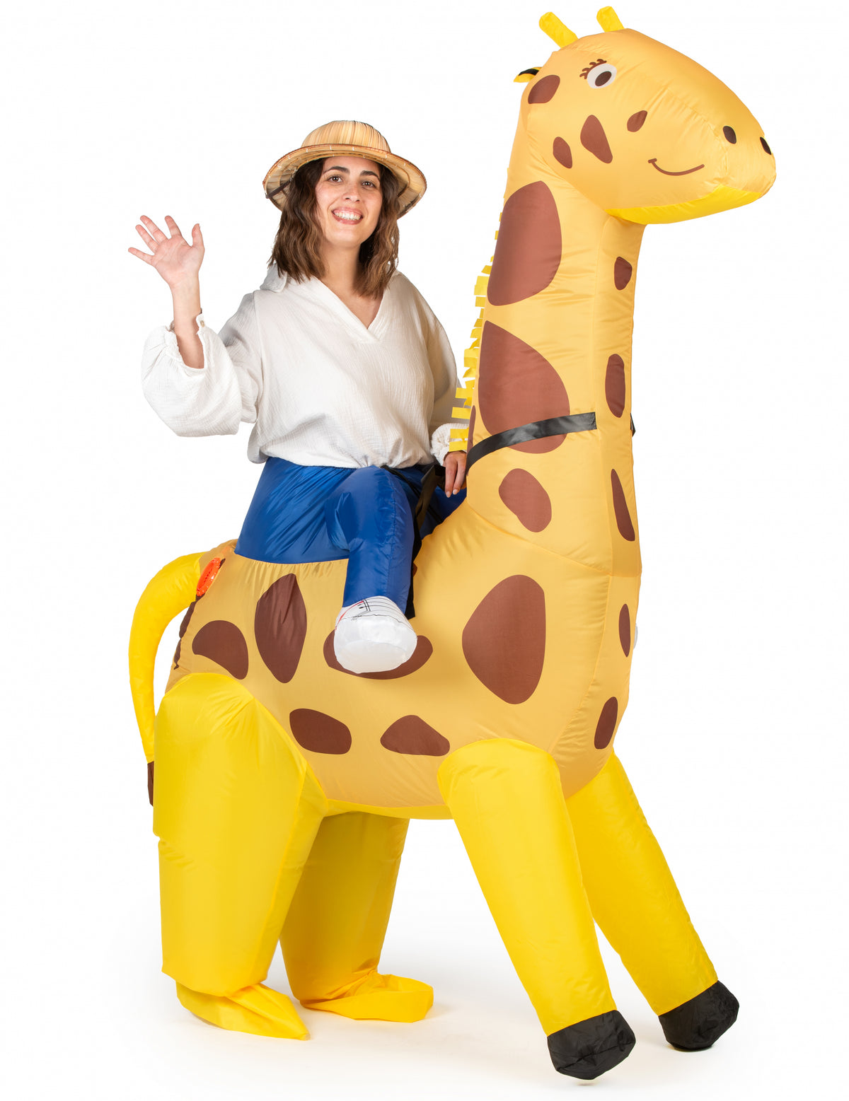 Vue de profil du déguisement girafe gonflable pour adulte