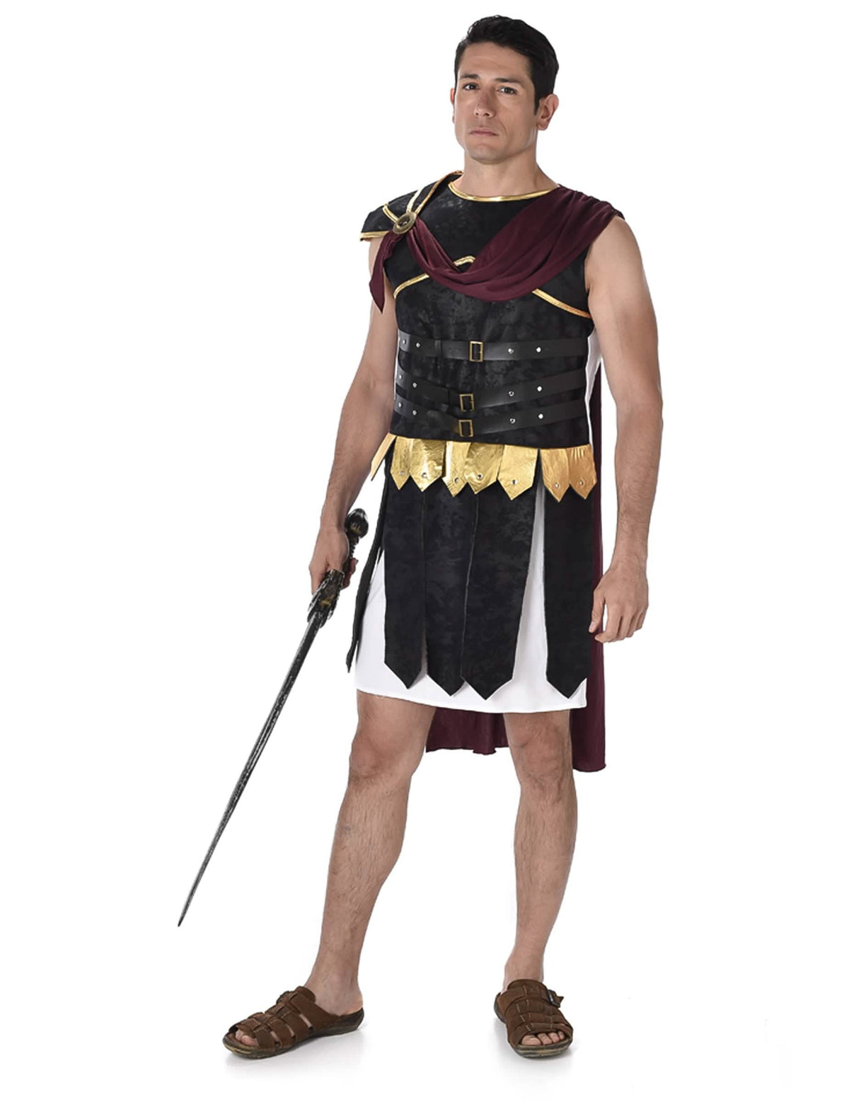 Fato de gladiador romano para homem preto e dourado com capa bordeaux
